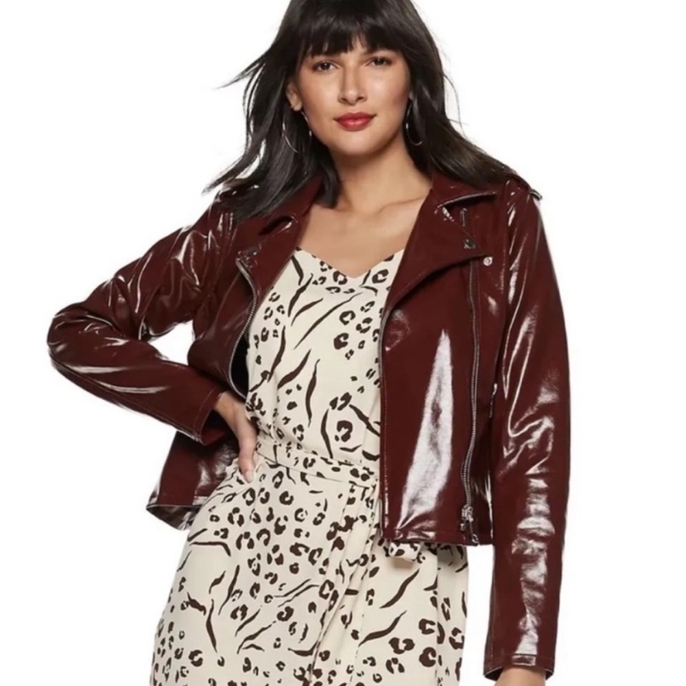 Nine West Rich Mahogany Brown Vegan Faux Leather Moto Biker Bomber Jacket XL